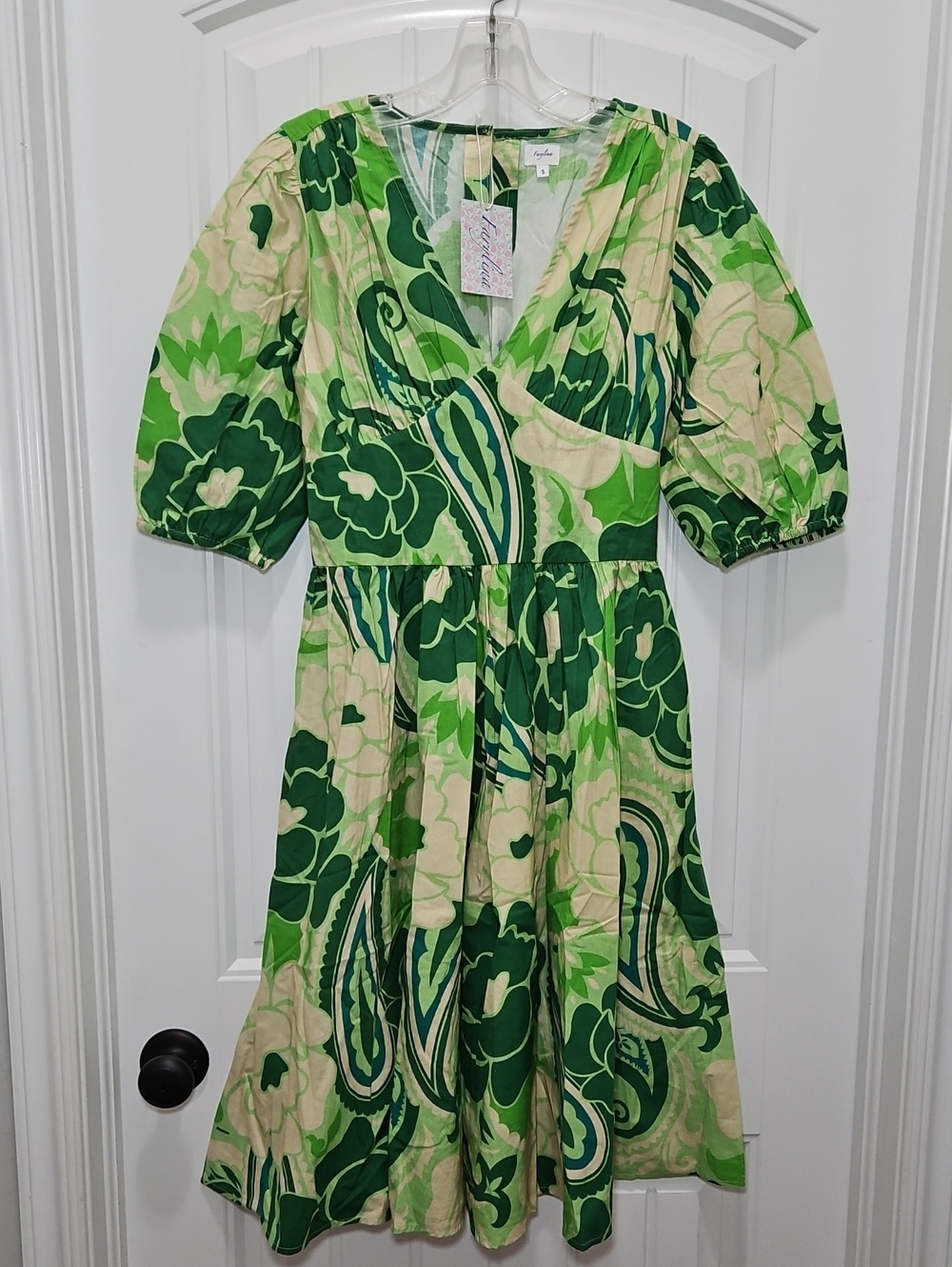 Farylina Hand Dyed Green Floral Puff-Sleeve Dress New Small